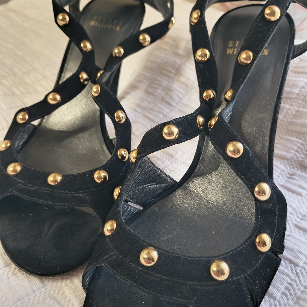 Stuart Weitzman Black Suede Gold-Stud T-Strap Heels - Picture 2 of 7